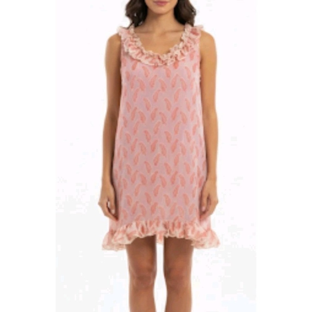 Adele Fado Italy Silk Chiffon Ruffle Mini Dress Feather Print Pink Italy Sz M